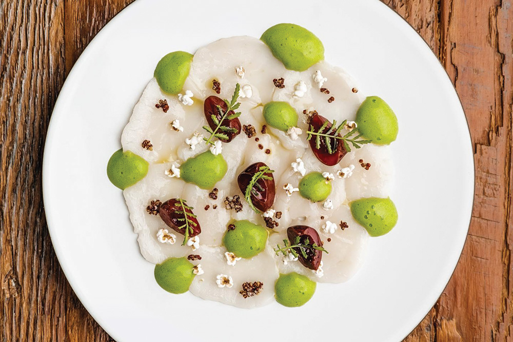 Scallop crudo, bing cherries, toasted grains, marigold, nasturtium emulsion